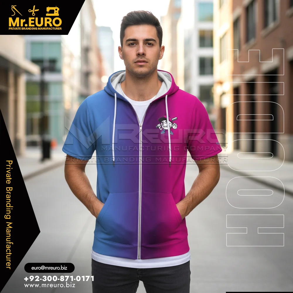 Custom Short Sleeve Two Tone Zip Hoodie Casual Style - Hoodies-Sweatshirts