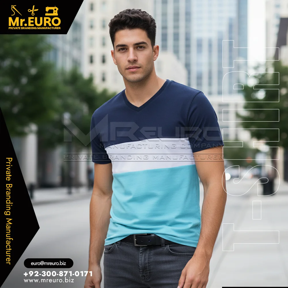 Custom Blue & White Striped V Neck T-Shirt Classic Look - V-Neck T-Shirts