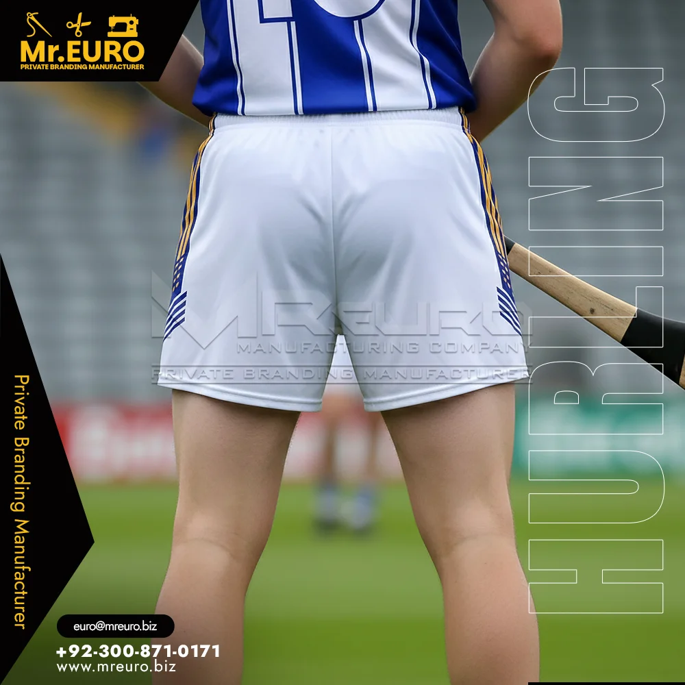 Custom Sublimation White & Blue Hurling Shorts for Squads - Custom Hurling Uniforms