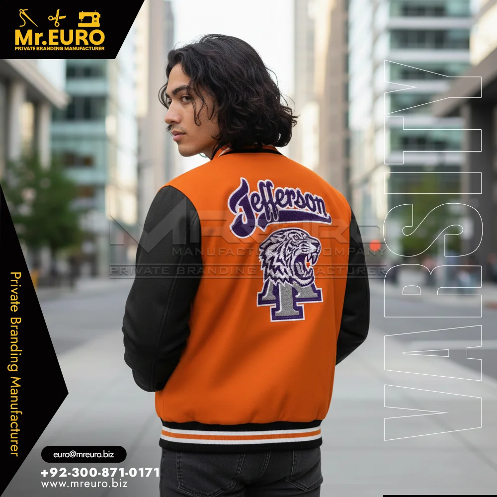 Custom Stylish Orange & Black Varsity Jacket - Varsity Jackets